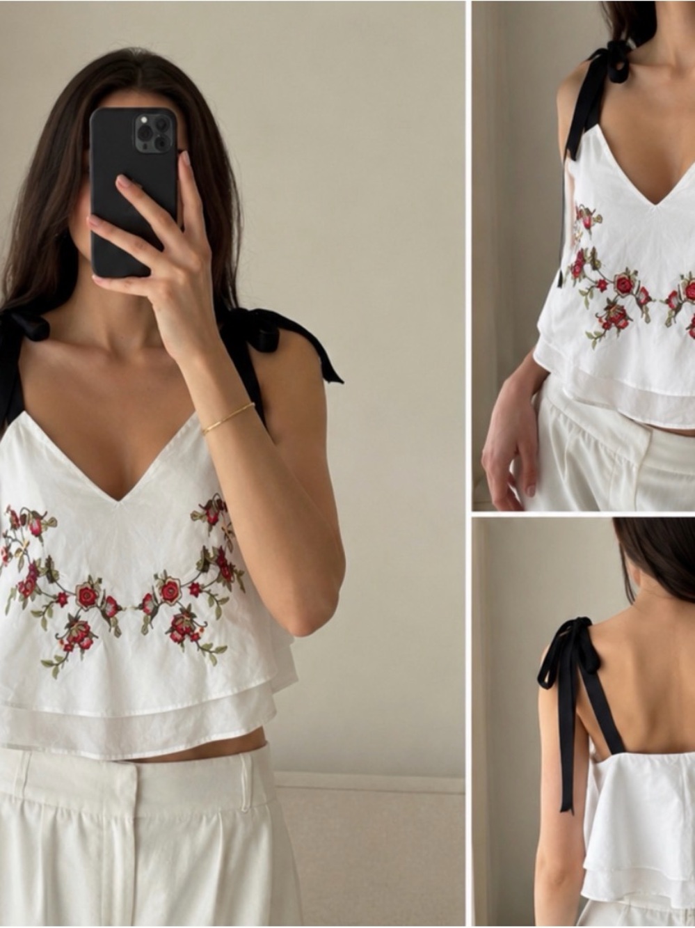 Studio White V-Neck Floral Embroidered Tie-Shoulder Cami